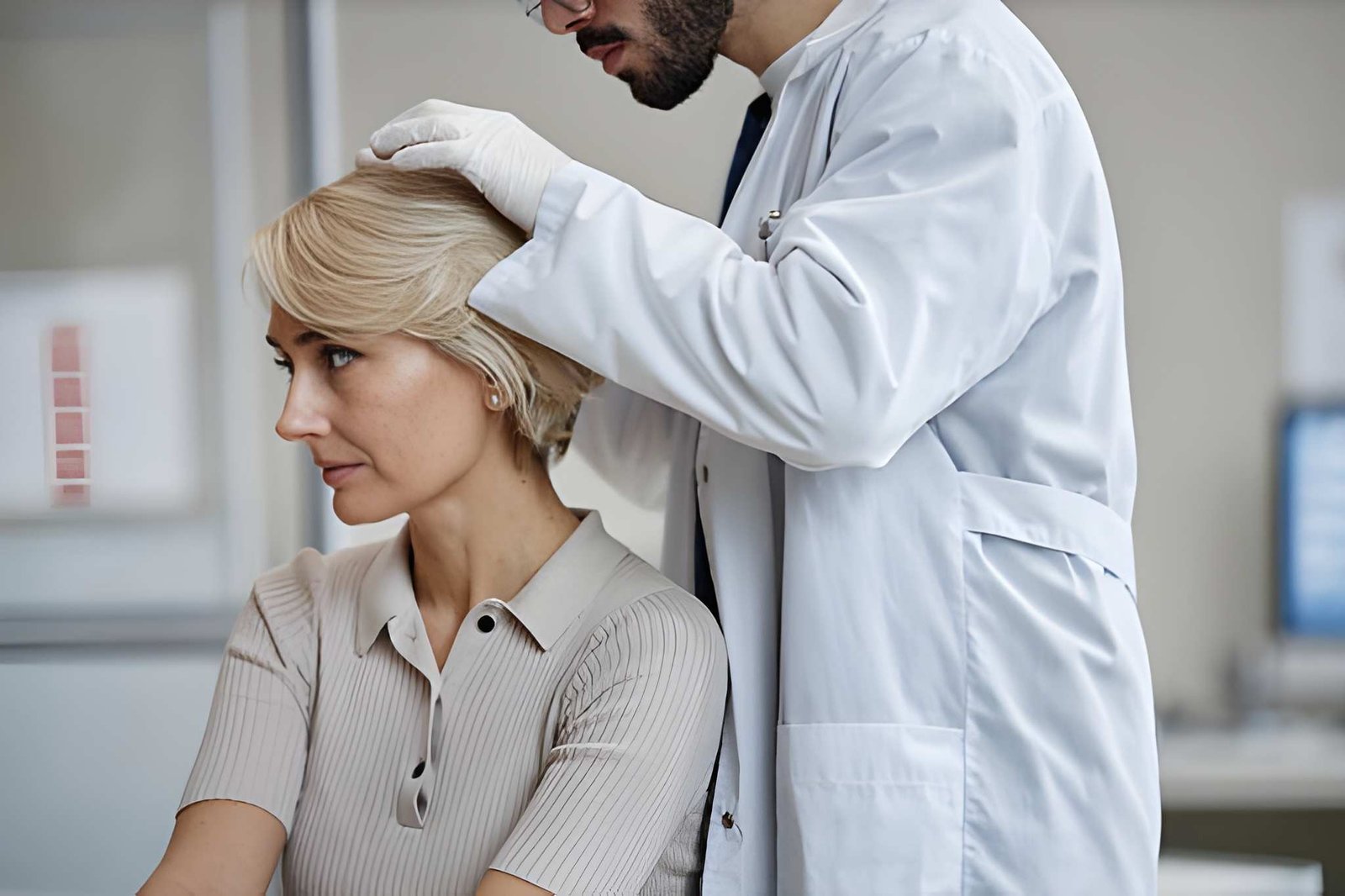 Dermatologist conducting a hair fall diagnosis consultation at Skinfollix, a hair clinic in Delhi