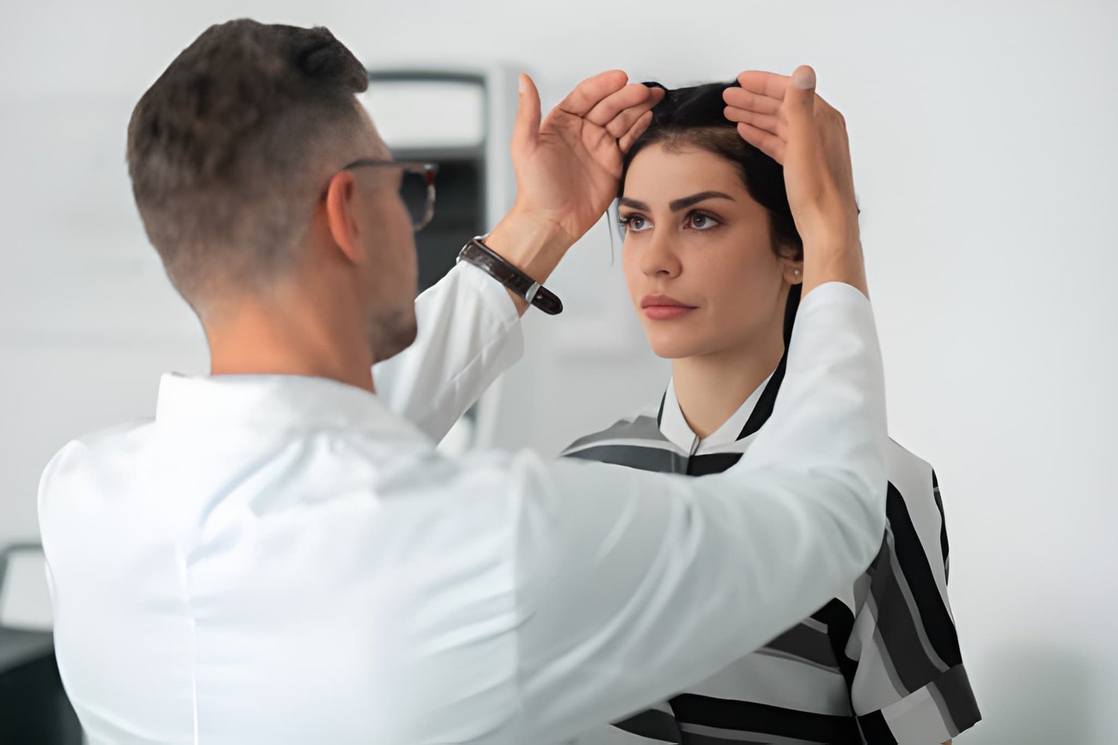 Dermatologist examining a patient's scalp during a hair fall treatment consultation at Skinfollix, a hair clinic in Delhi